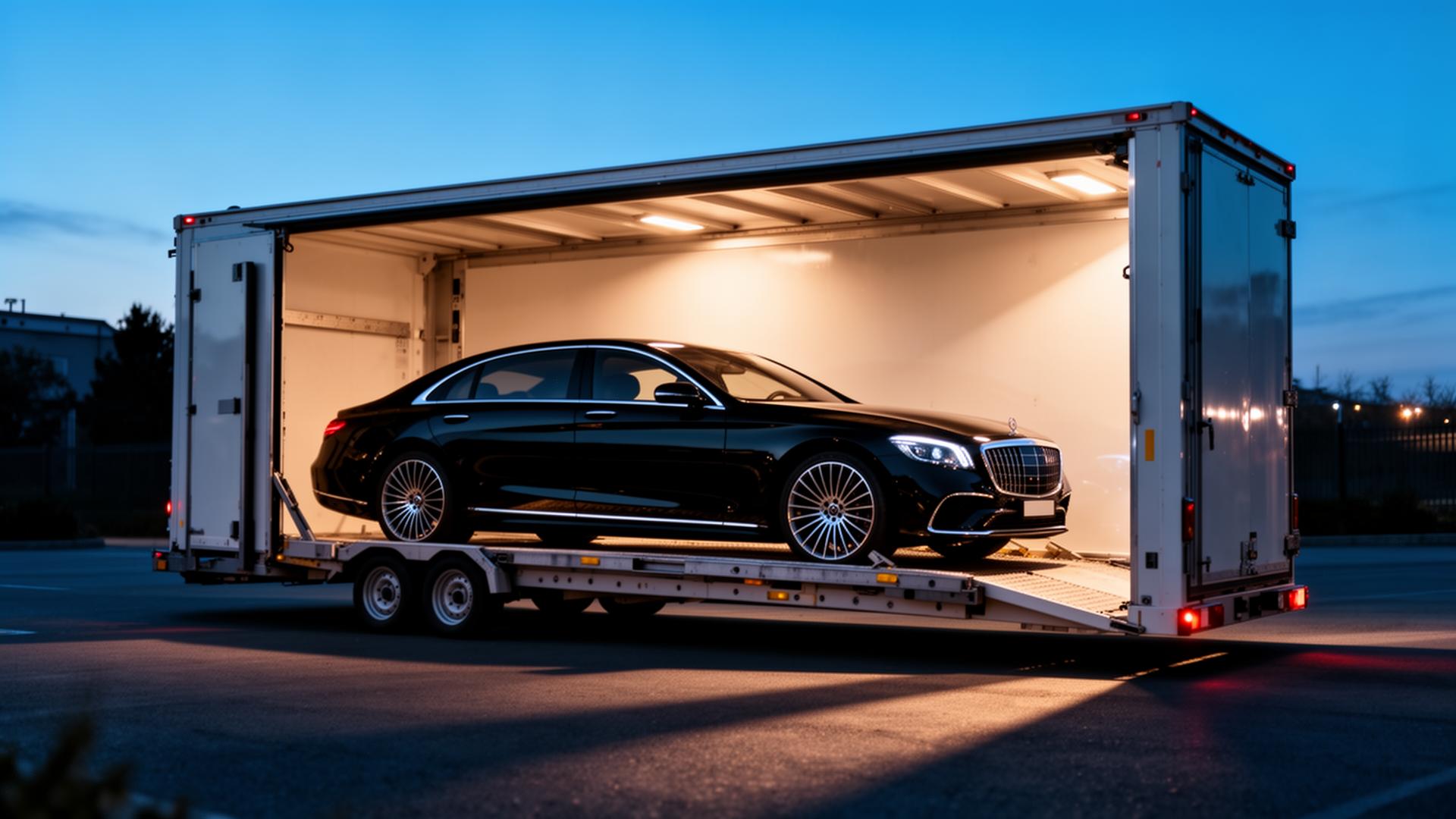 Luxury sedan being loaded into enclosed transport trailer